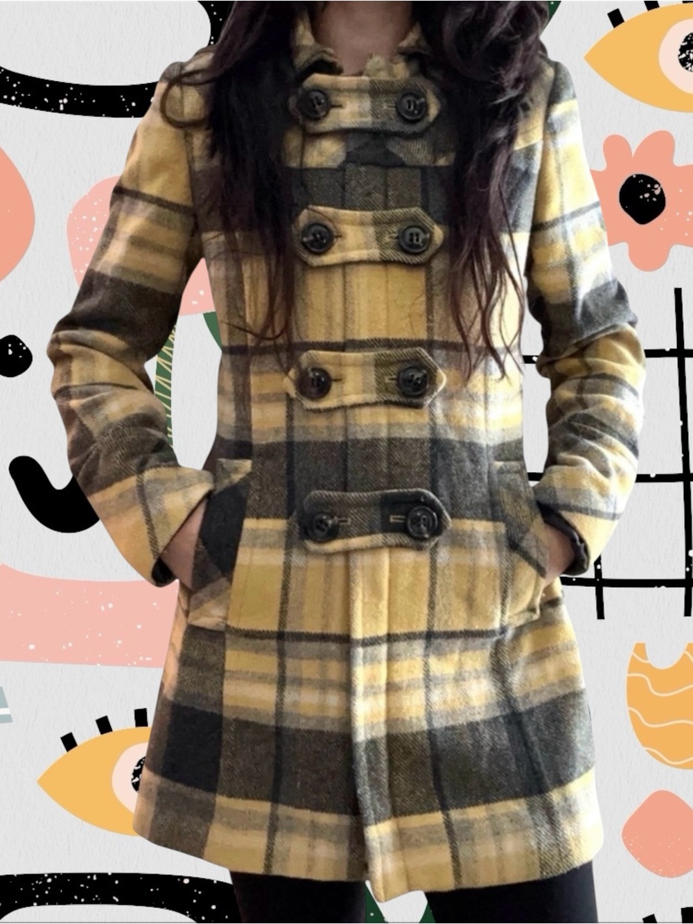Via | Y2K Wool Blend Yellow/Gray Plaid Peacoat